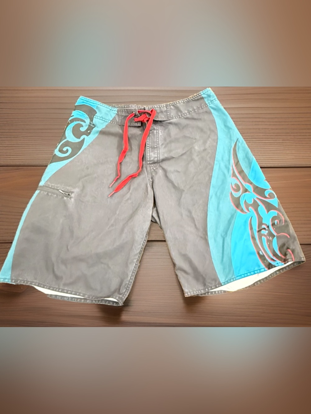 Vintage Men's Swim Board Shorts with Turquoise Panels and Red Drawstring